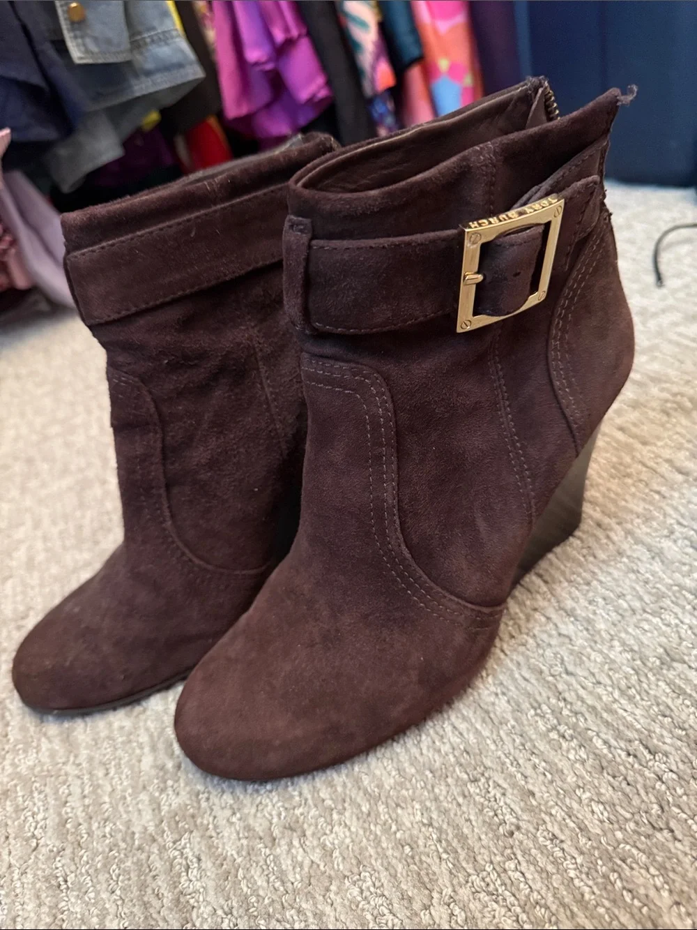 Tory Burch Dark Brown Suede Wedge Ankle Boots with Gold Buckle